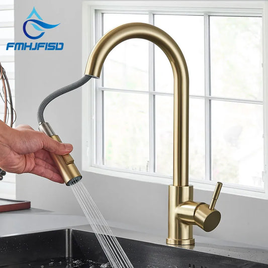 Kitchen Faucet Brushed Gold Pull Out Sink Water Tap Single Handle